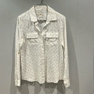Charter Club Luxury Linen blouse with gold polka dots. Button down front & cuffs